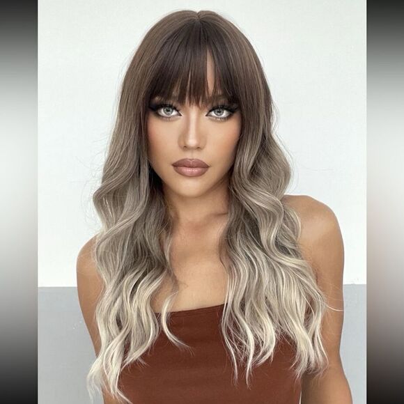New Ombre Long Curly Synthetic Wig With Bangs - Picture 1 of 9